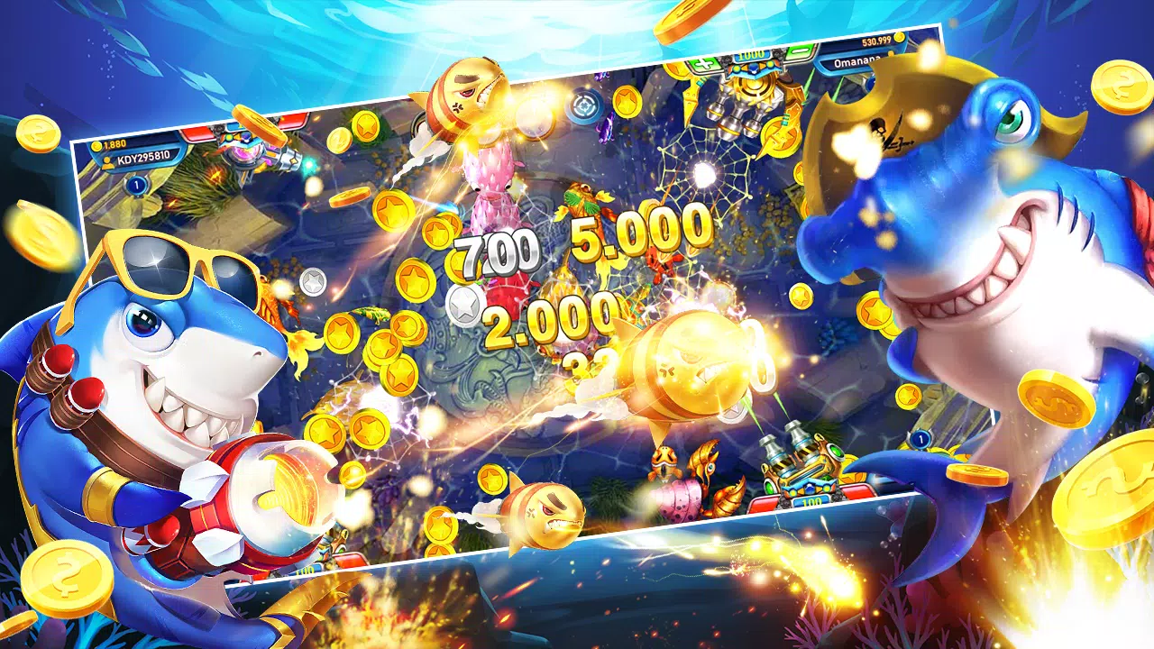 หน้าจอเกมยิงปลาใต้น้ำพร้อมเป้าหมายหลากหลายแบบ
