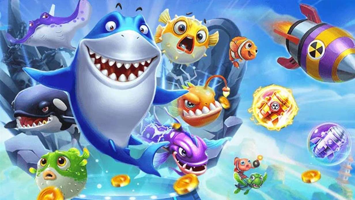 ฉากเกมยิงปลาที่มีสัตว์ทะเลและเอฟเฟกต์ใต้น้ำ